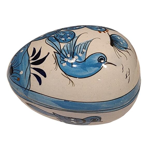 Tonala Pottery 5" Egg Shaped Trinket Box Hand Painted Blue Bird Folk Art Mexico - Picture 2 of 15